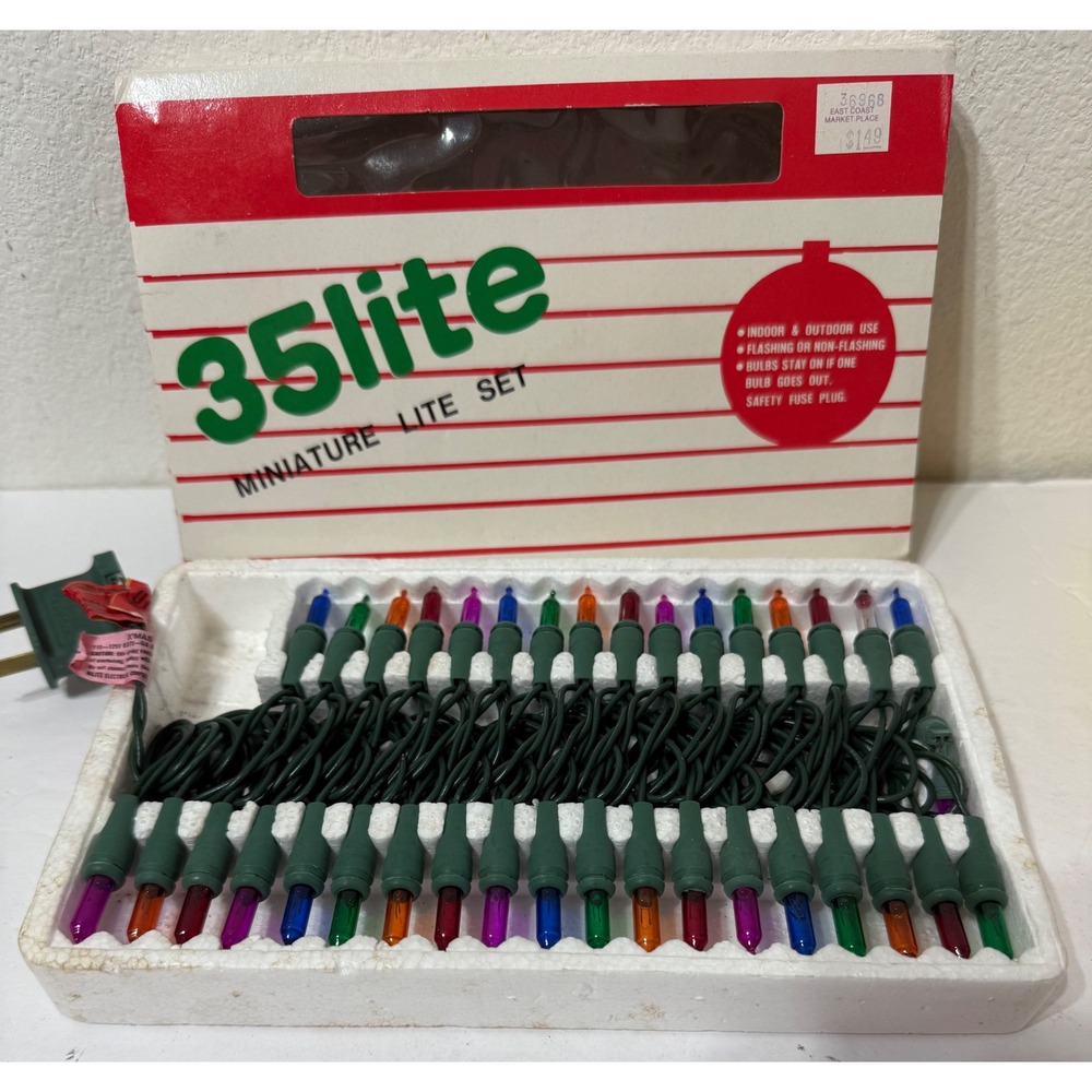 Vintage Hilite 35 Miniature Lite Set Multi Color Christmas String Lights Green